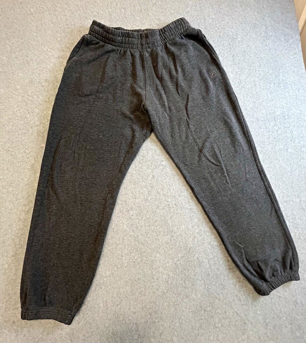 FILA Mens M Gray Fleece Jogger Pants Tapered Drawstring Pockets Elastic